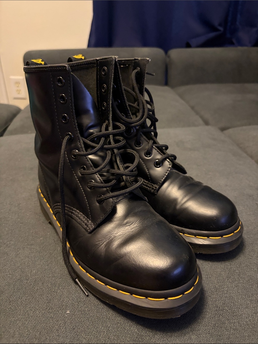 Dr. Martens Black Leather Lace-Up Boots with Yellow Stitching